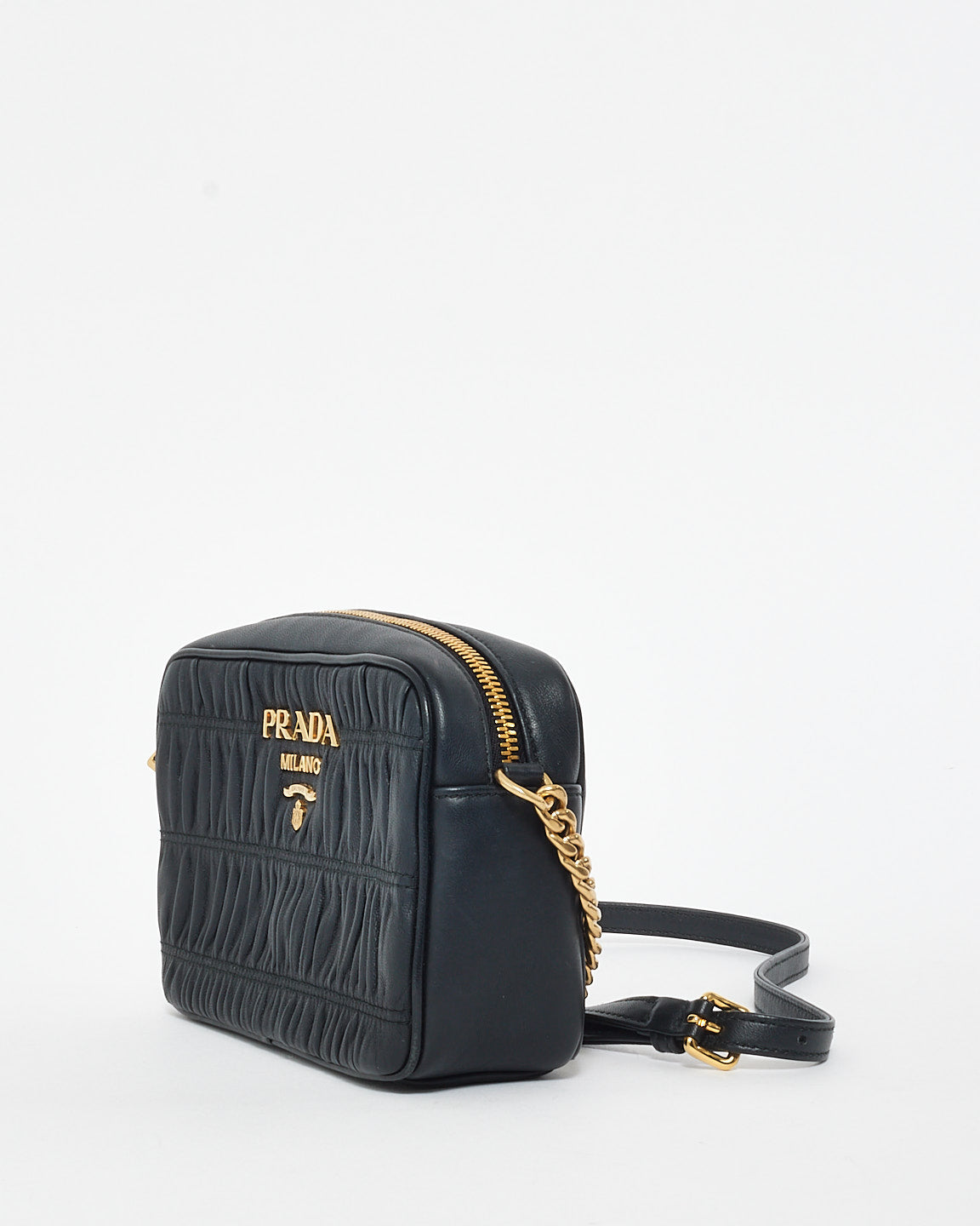 Prada Black Leather Gauffre Logo Camera Bag