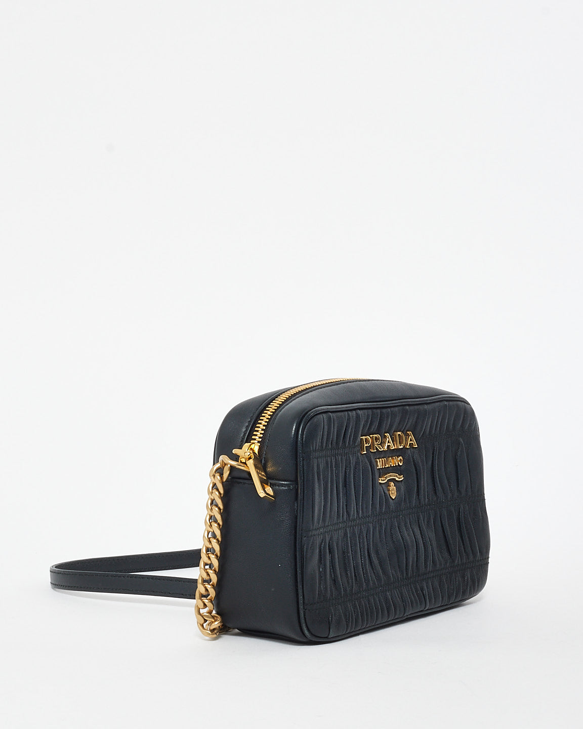 Prada Black Leather Gauffre Logo Camera Bag