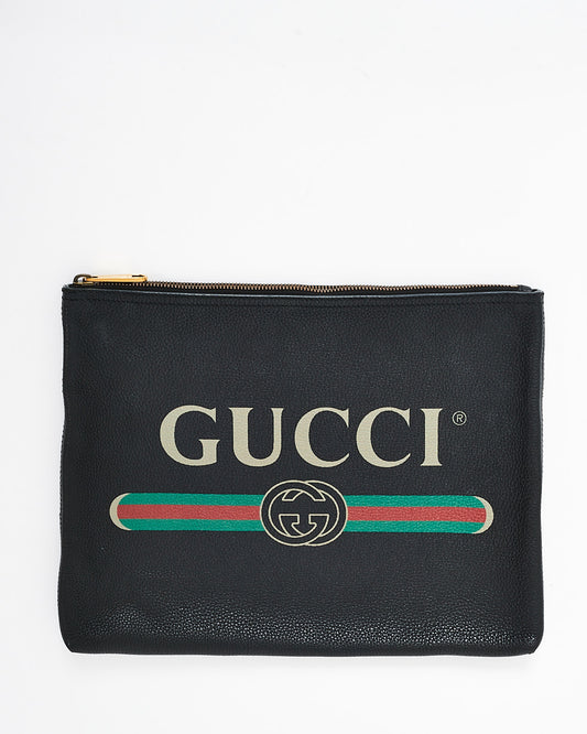 Gucci Black Leather Logo With Green & Red Web Clutch