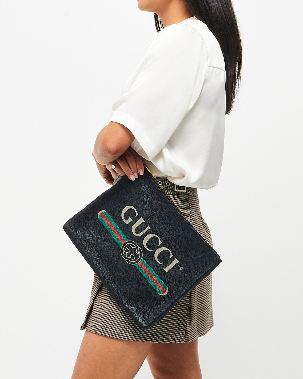 Gucci Black Leather Logo With Green & Red Web Clutch