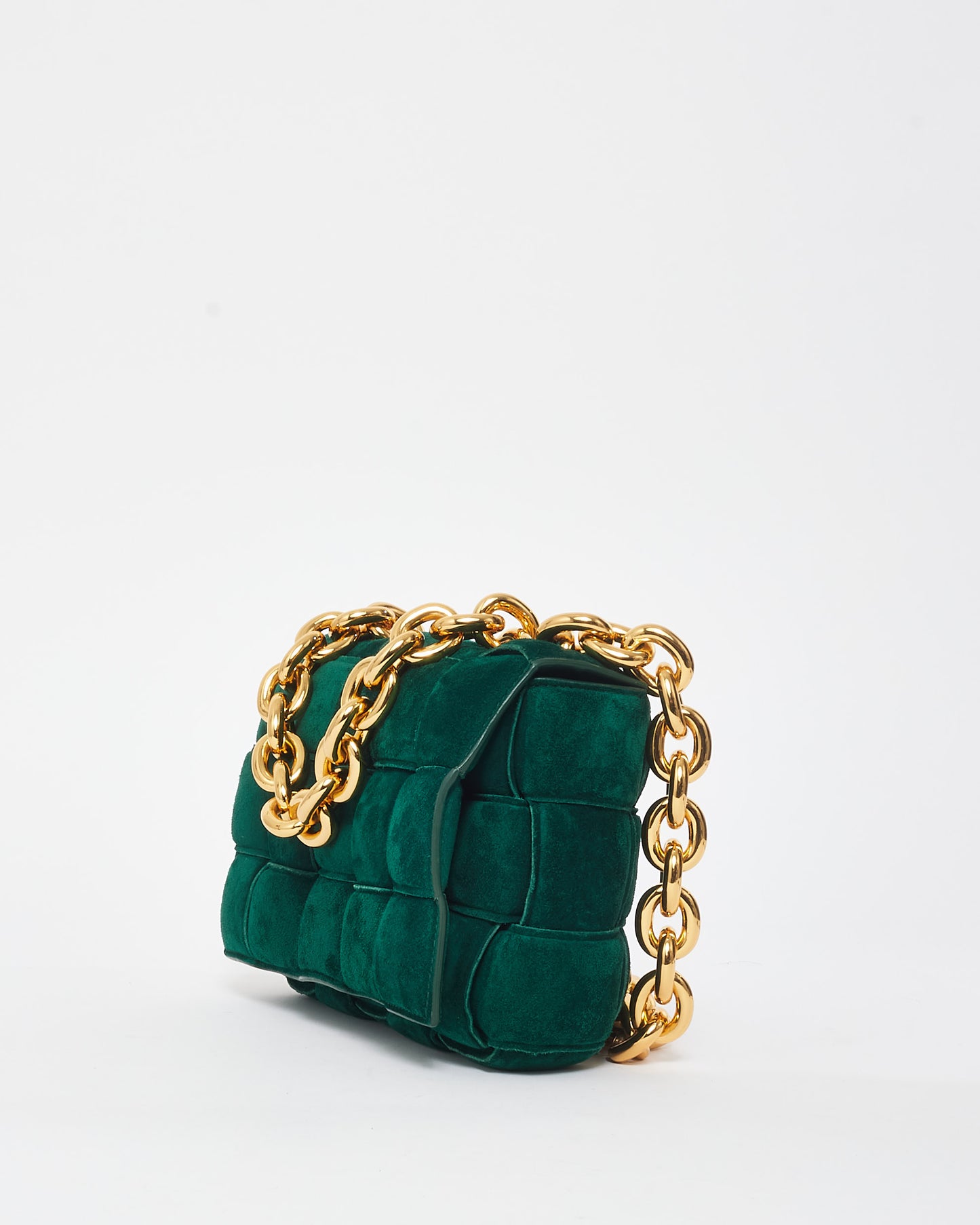 Bottega Veneta Forest Green Suede & Gold Chain Padded Cassette