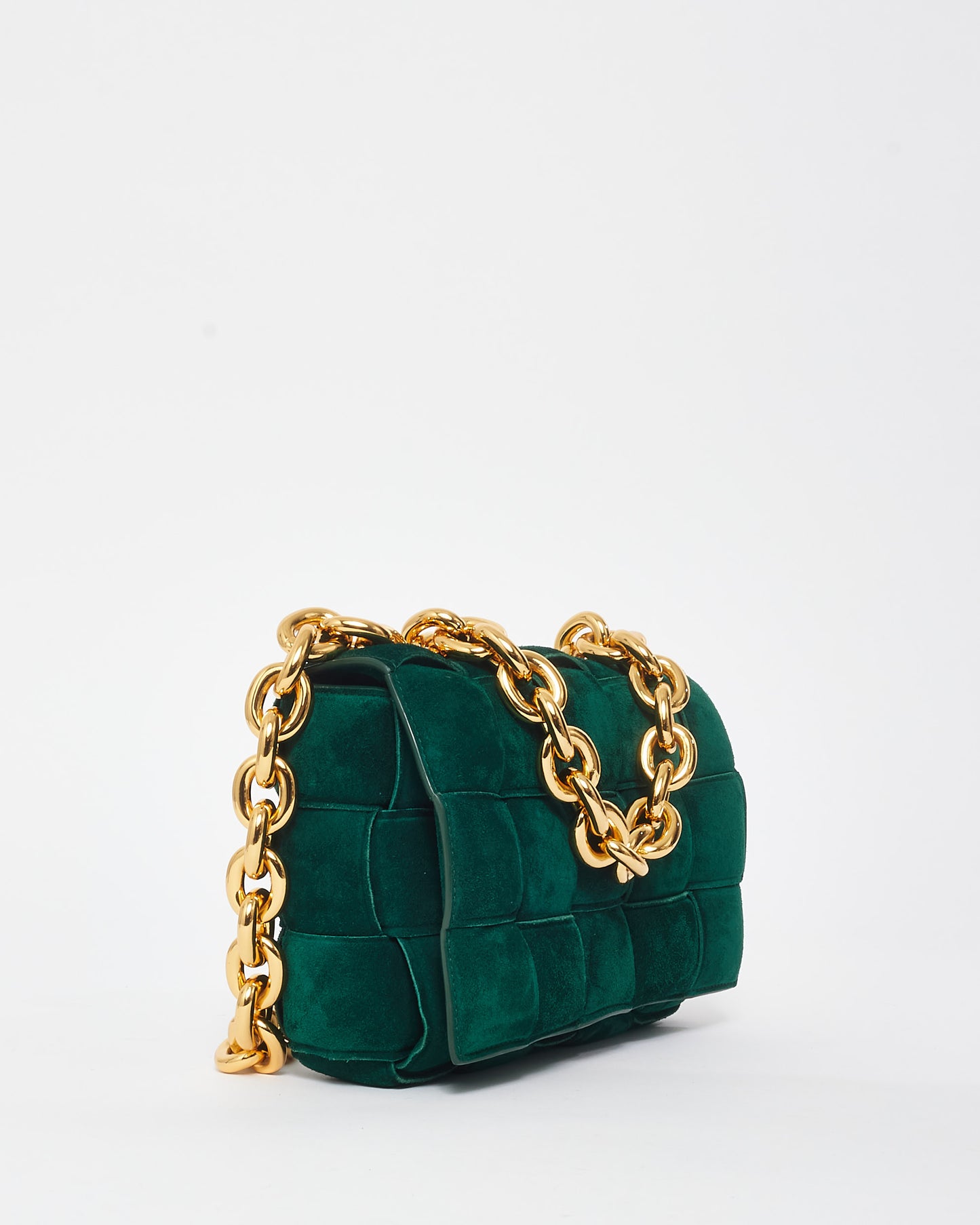 Bottega Veneta Forest Green Suede & Gold Chain Padded Cassette