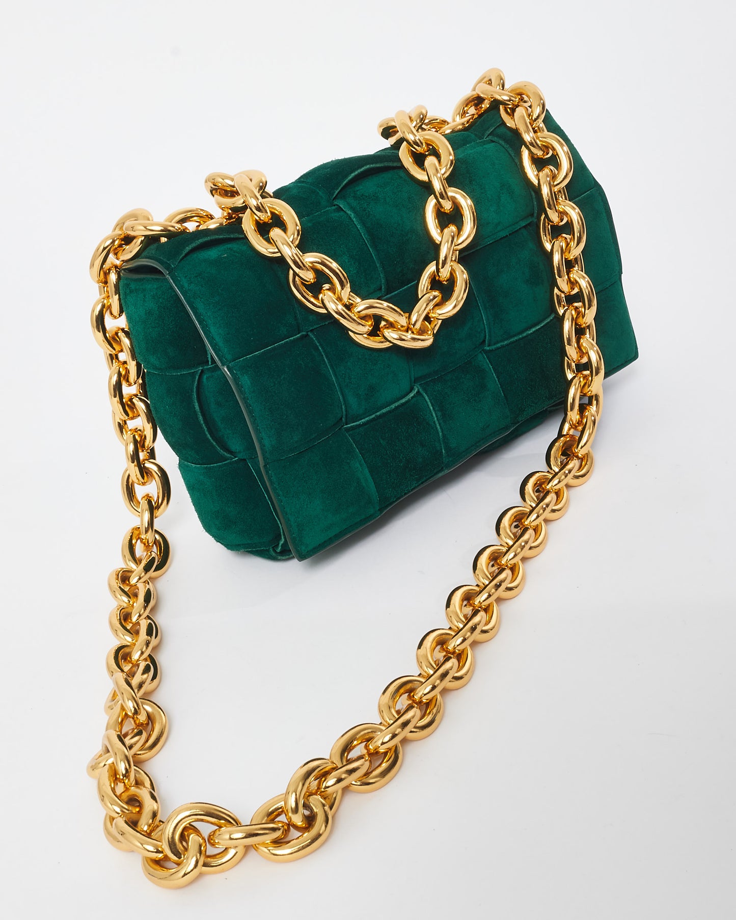 Bottega Veneta Forest Green Suede & Gold Chain Padded Cassette