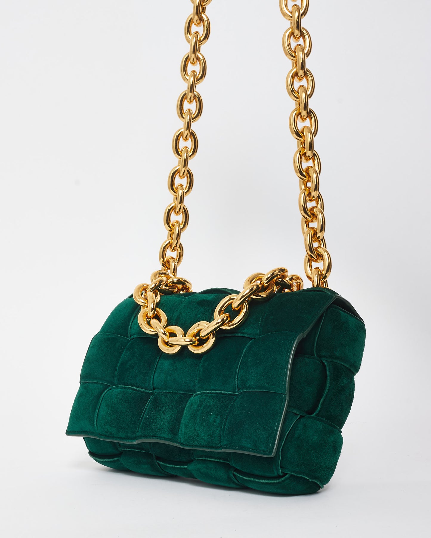 Bottega Veneta Forest Green Suede & Gold Chain Padded Cassette