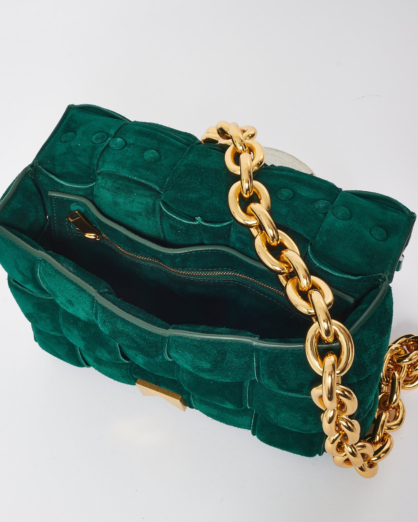 Bottega Veneta Forest Green Suede & Gold Chain Padded Cassette