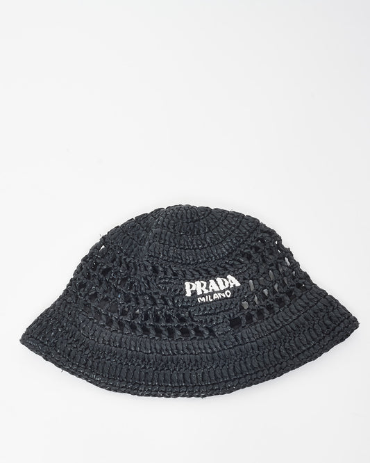 Prada Black Woven Crochet Logo Bucket Hat - M