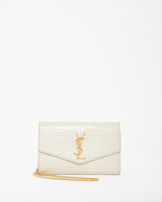 Saint Laurent Cream Croc Embossed Uptown Wallet On Chain