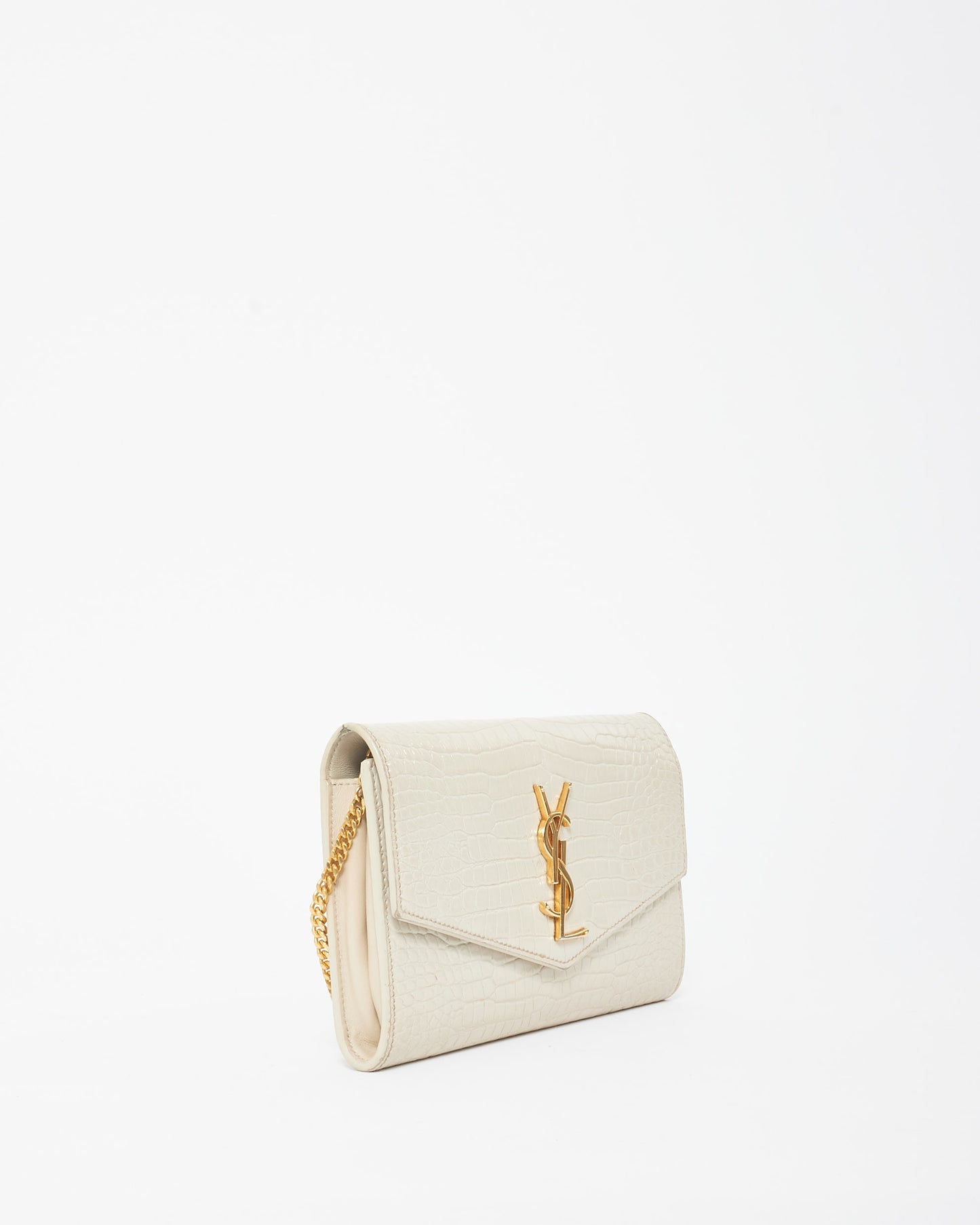 Saint Laurent Cream Croc Embossed Uptown Wallet On Chain