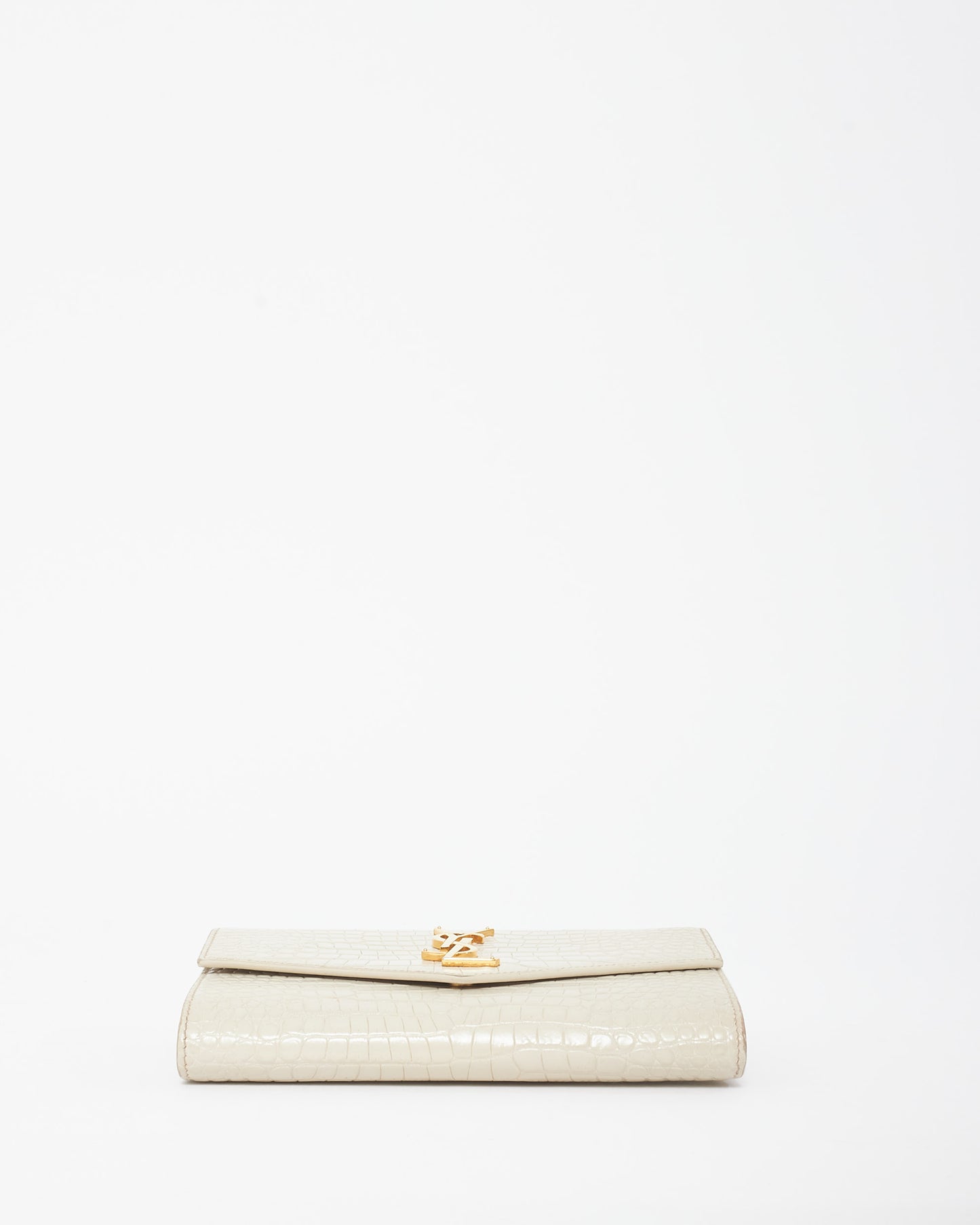 Saint Laurent Cream Croc Embossed Uptown Wallet On Chain