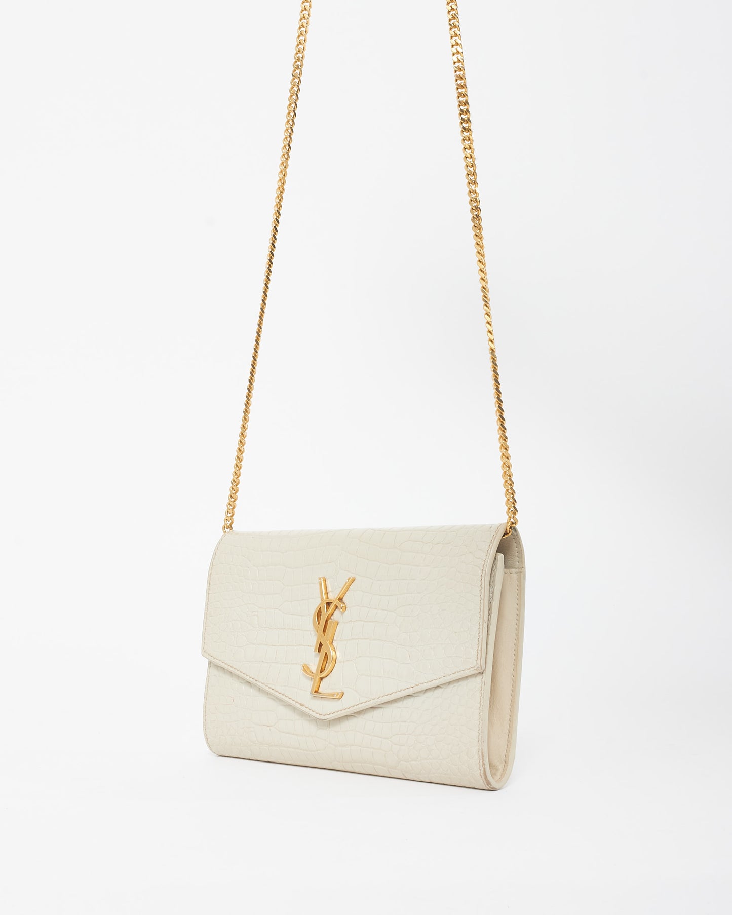 Saint Laurent Cream Croc Embossed Uptown Wallet On Chain