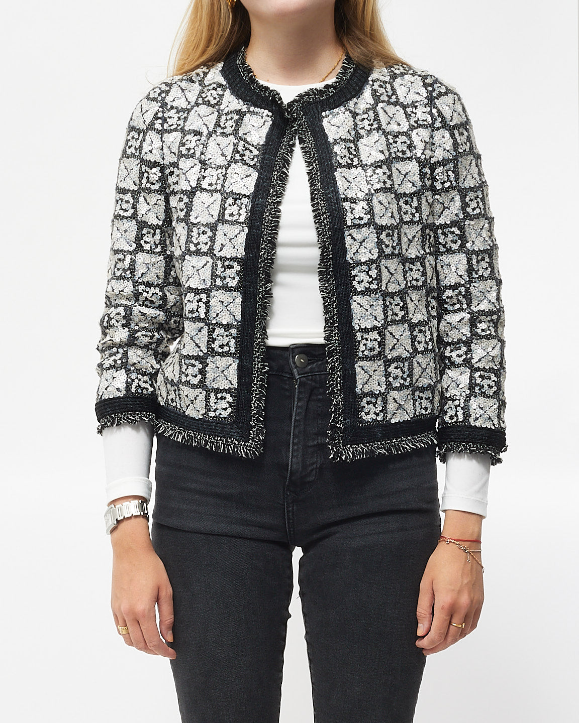 Chanel Black & White Sequin Tweed Jacket - 36