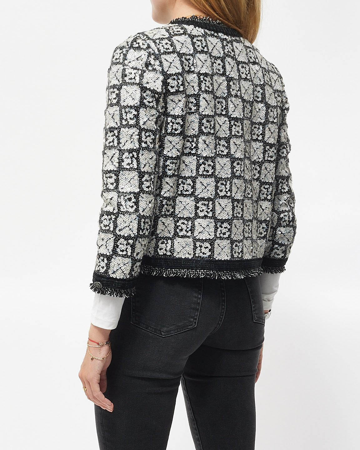 Chanel Black & White Sequin Tweed Jacket - 36