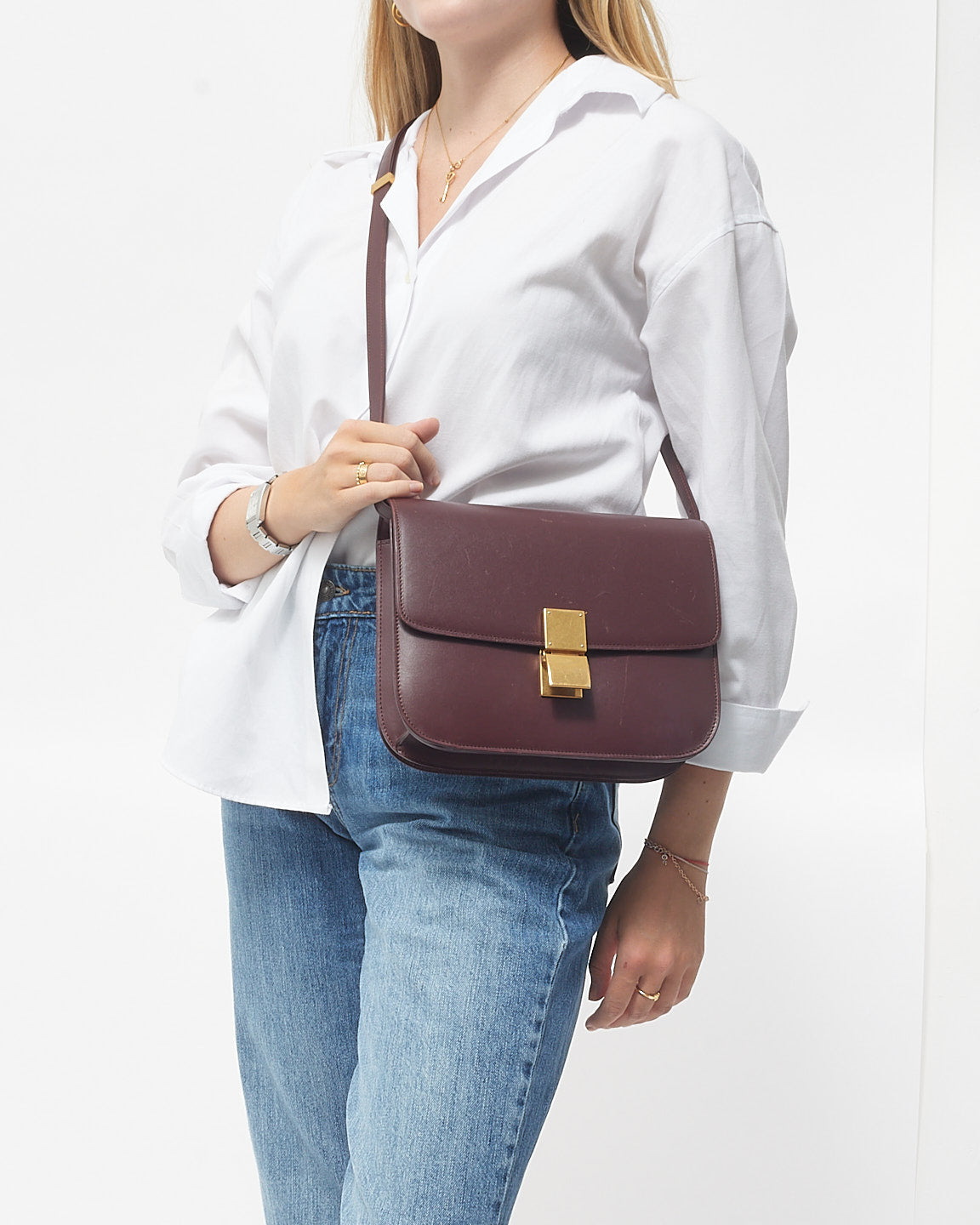 Celine Burgundy Leather Box Crossbody Bag