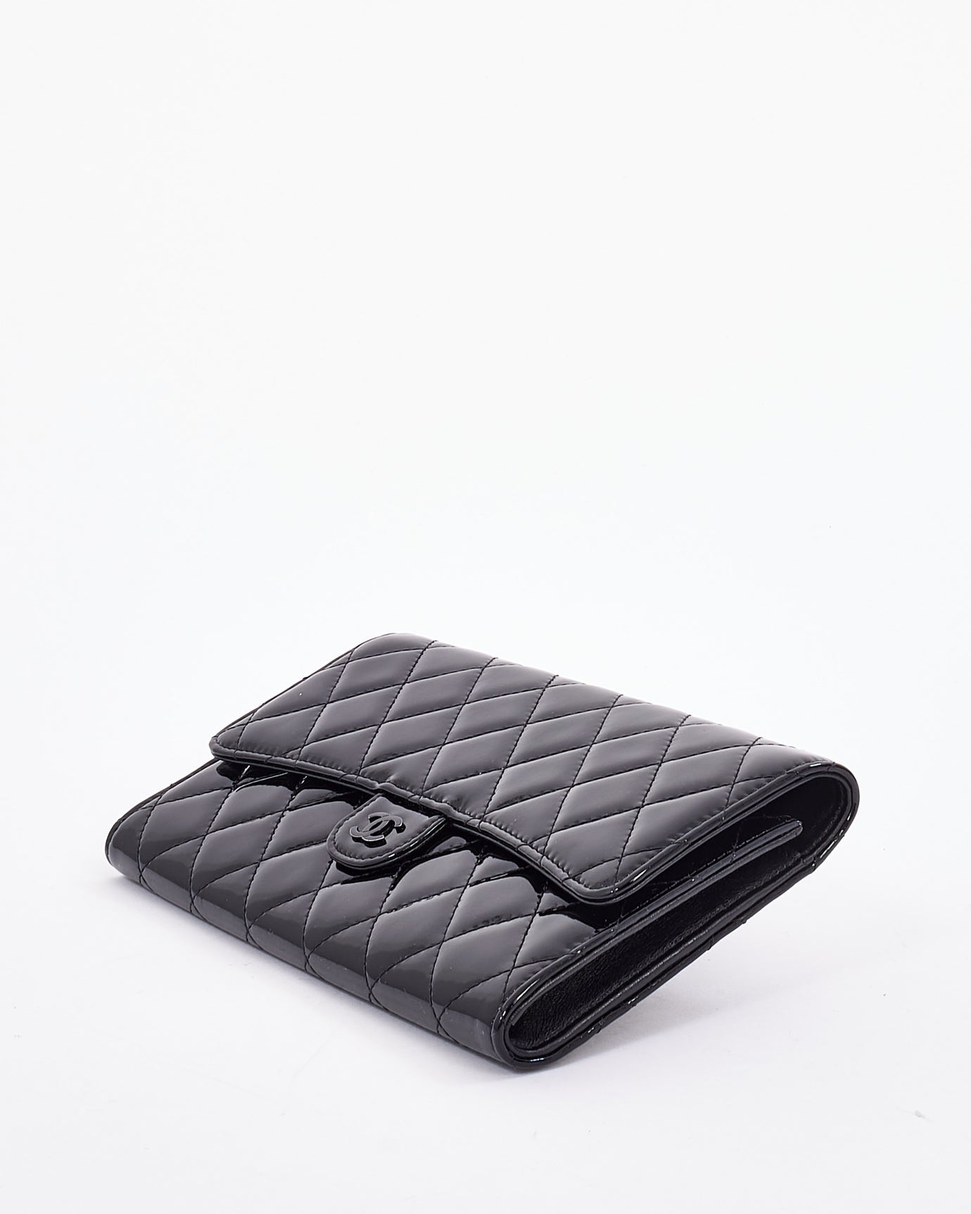 Chanel Black Patent Quilted Black On Black Clutch