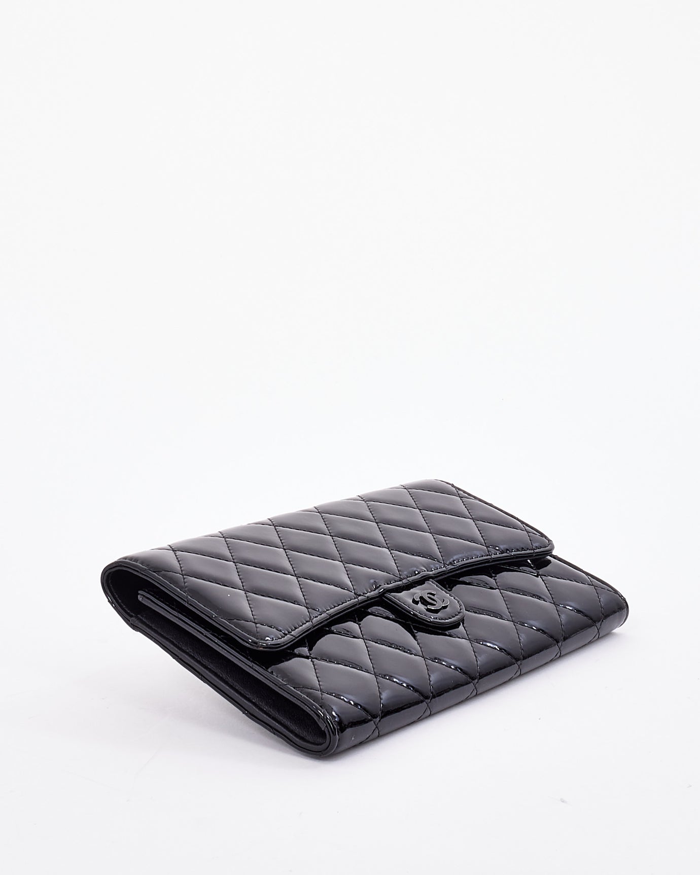 Chanel Black Patent Quilted Black On Black Clutch