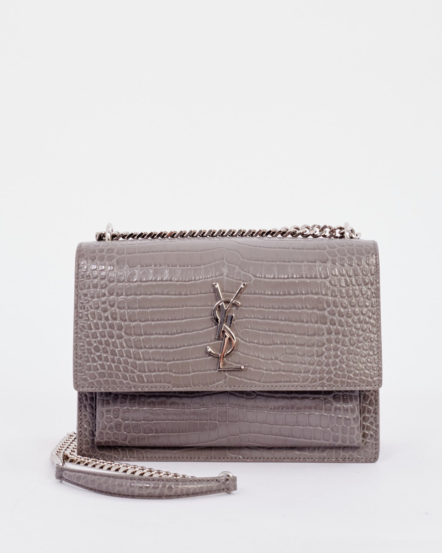 Saint Laurent Grey Croc Embossed Leather Medium Sunset Bag