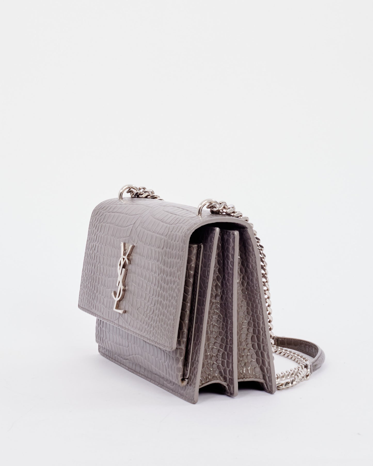 Saint Laurent Grey Croc Embossed Leather Medium Sunset Bag