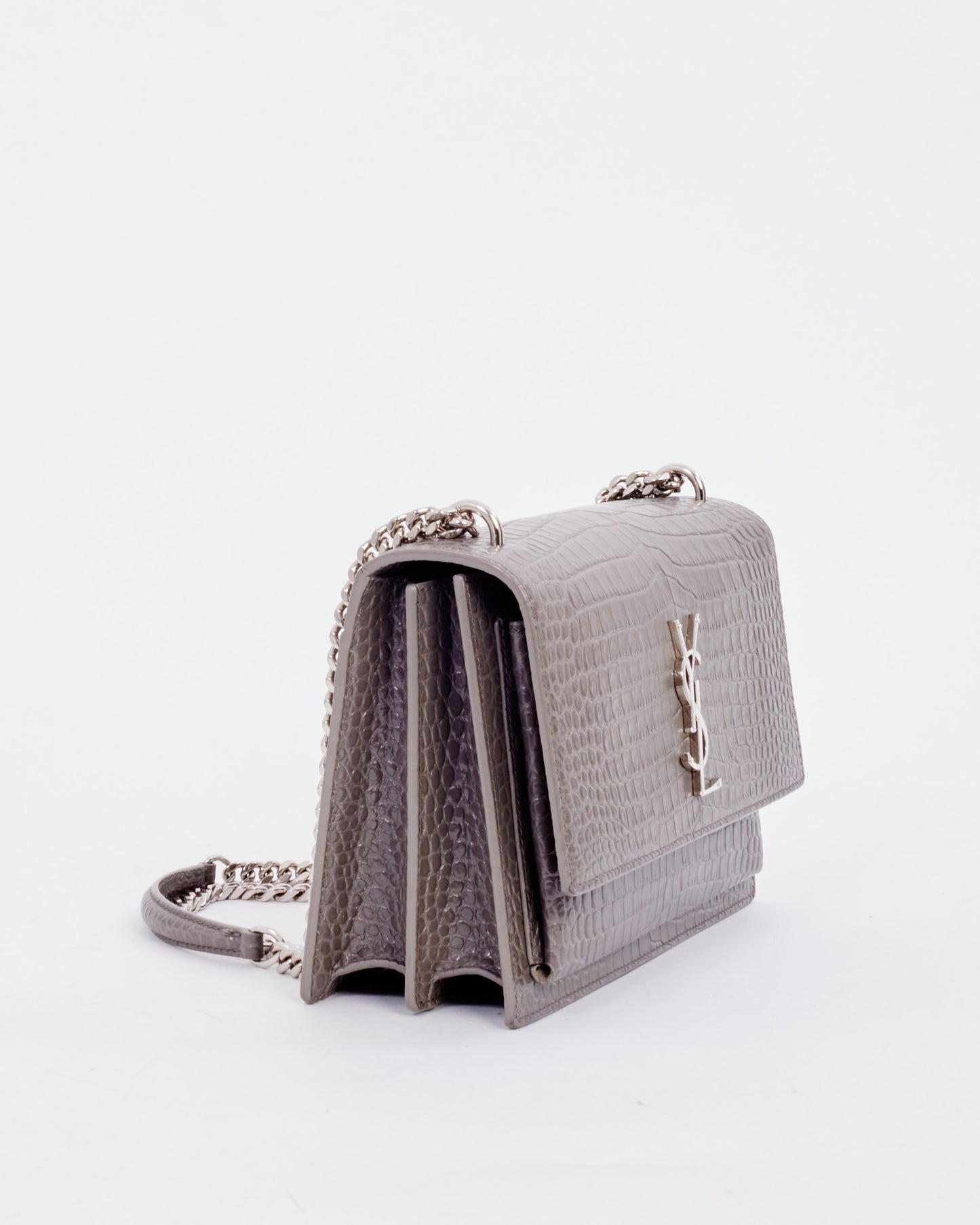 Saint Laurent Grey Croc Embossed Leather Medium Sunset Bag