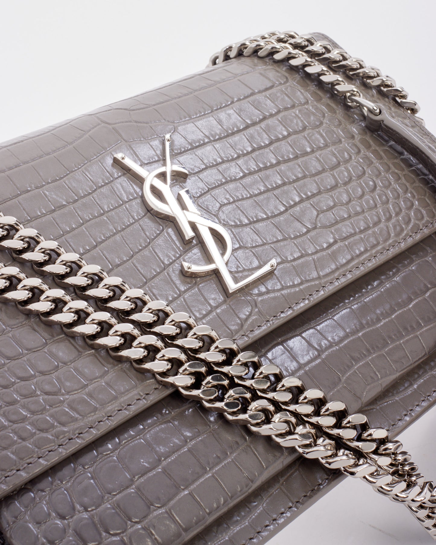 Saint Laurent Grey Croc Embossed Leather Medium Sunset Bag