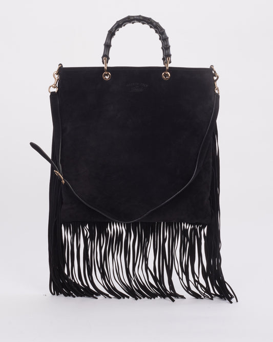 Gucci Black Suede Bamboo Fringe Shopper Tote