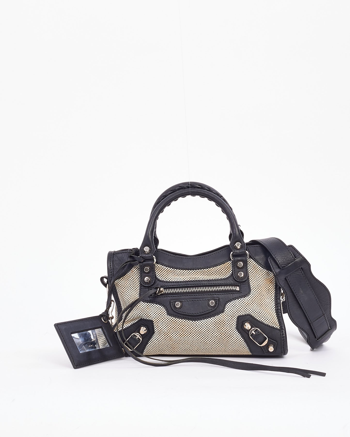 Balenciaga Mini sac de ville classique en cuir et toile noir et blanc Motocross