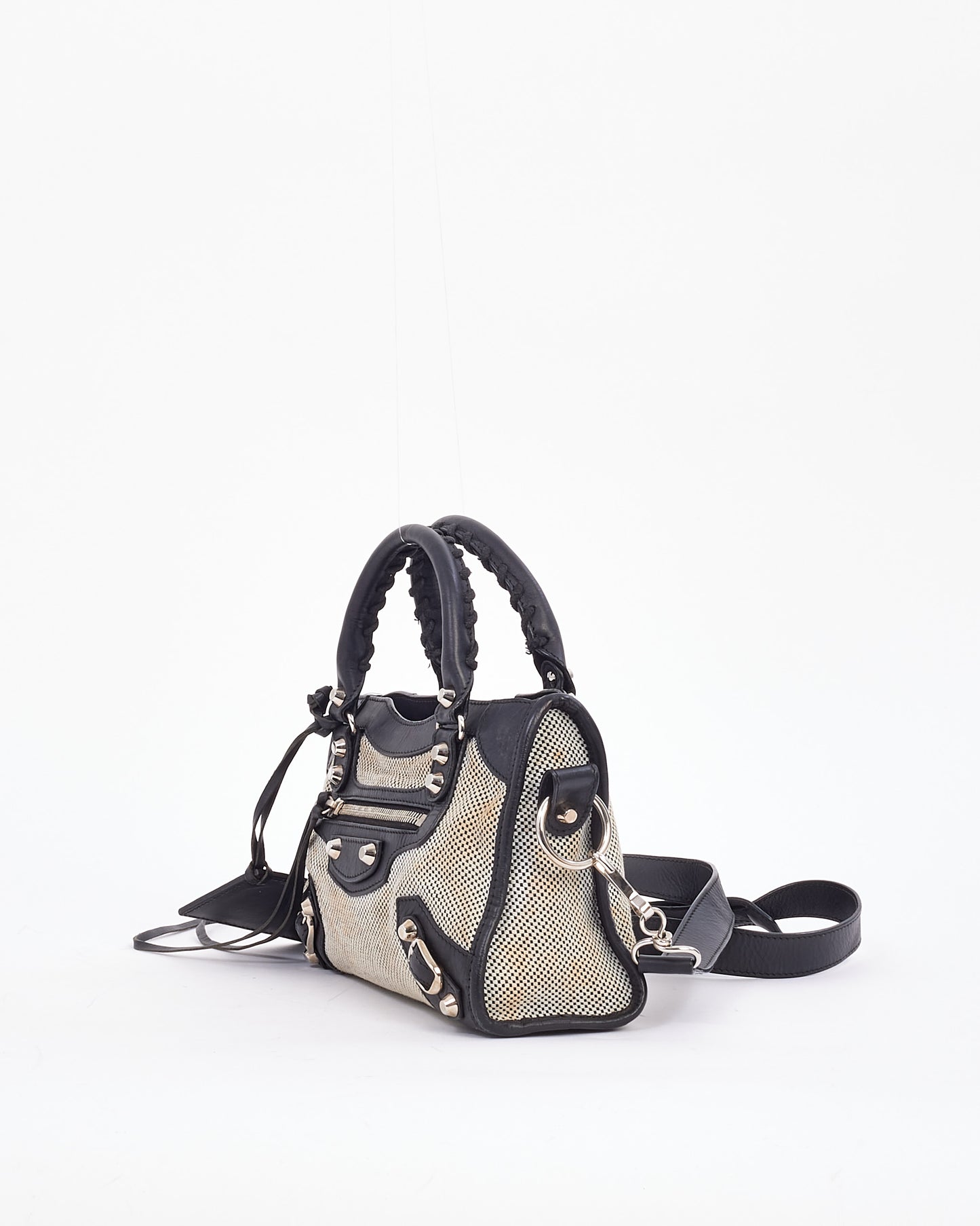 Balenciaga Mini sac de ville classique en cuir et toile noir et blanc Motocross