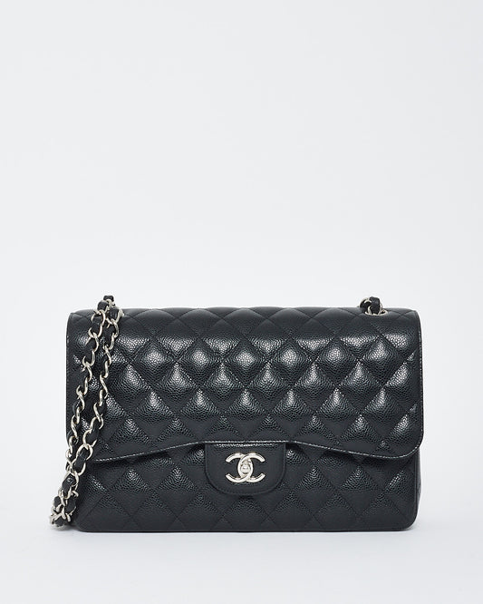 Sac à double rabat classique jumbo en cuir caviar noir Chanel avec SHW