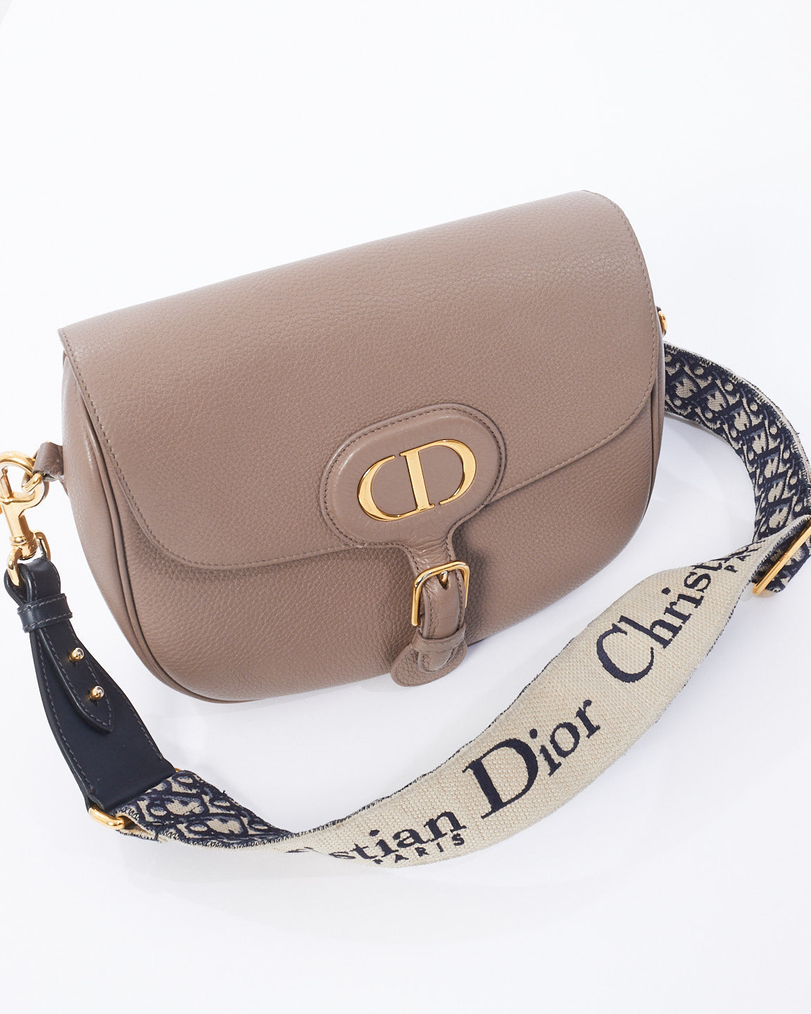 Dior Taupe Grained Leather Large Bobby Bag with Oblique Canvas Strap