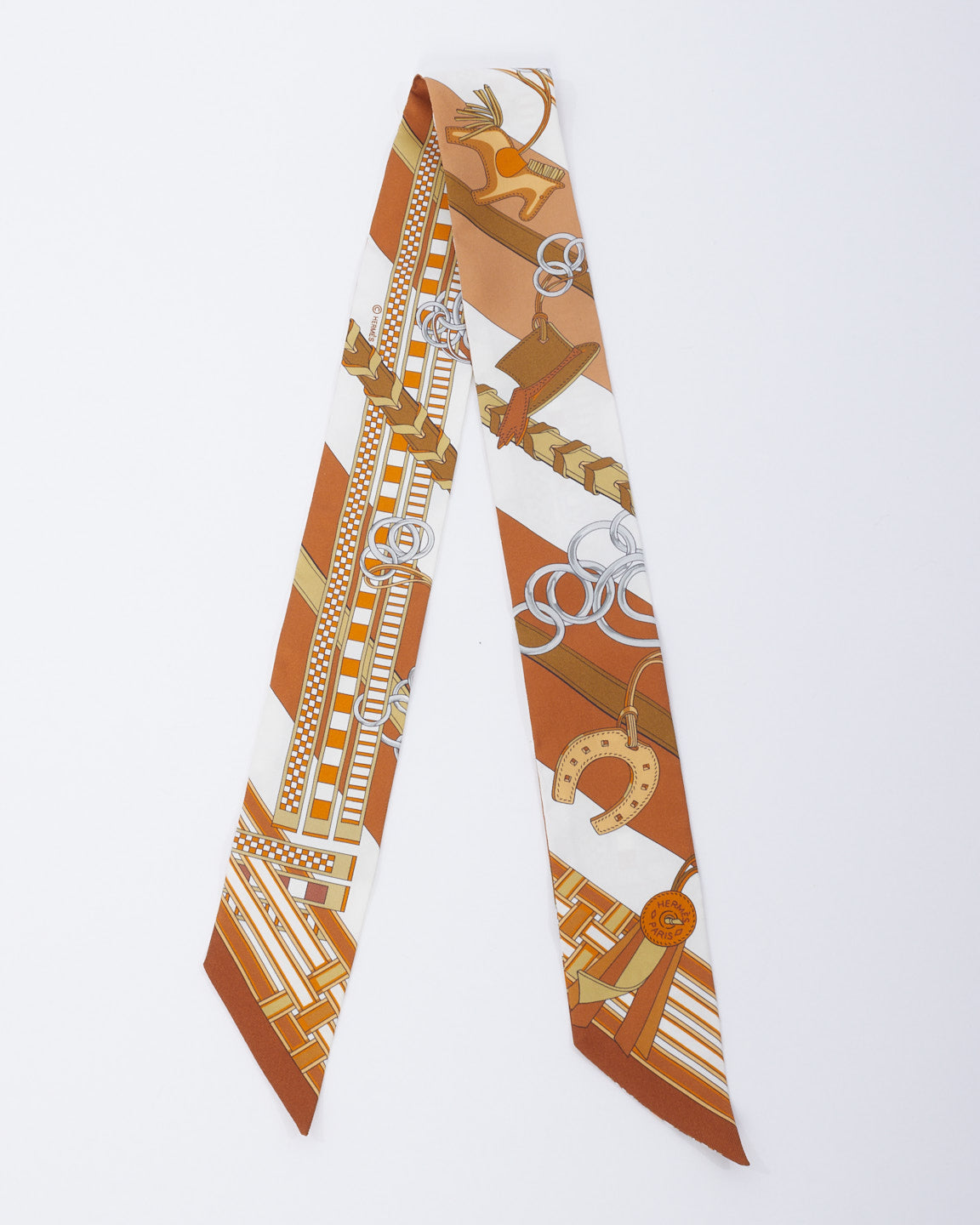 Hermès Tan & White Silk Rodeo Print Twilly