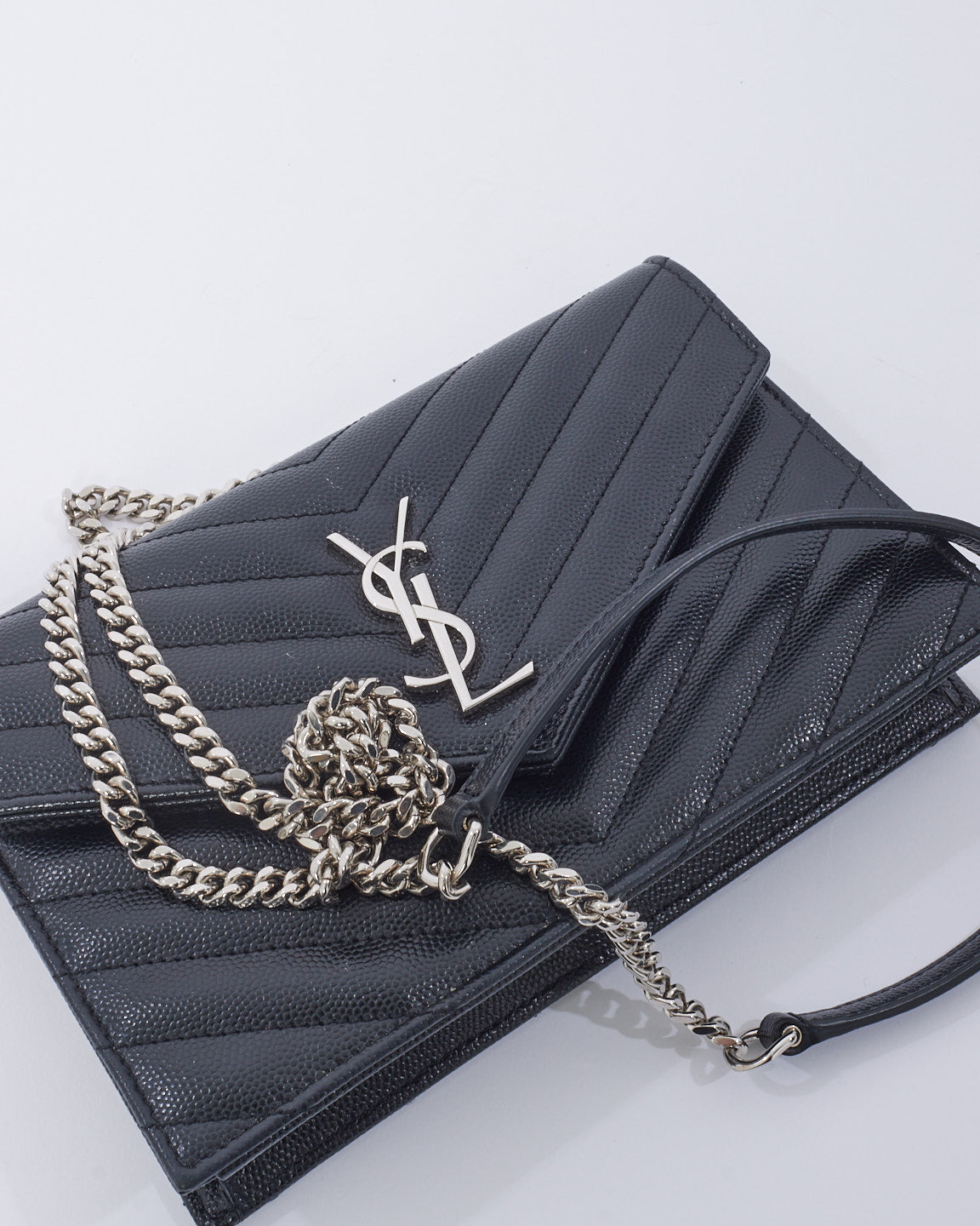 Saint Laurent Black Grained Leather Cassandra Envelope Wallet on Chain Bag