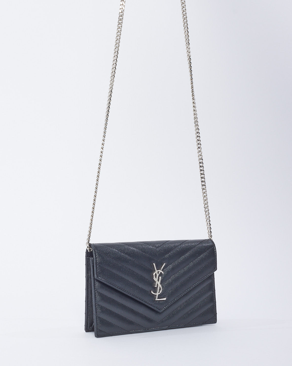 Saint Laurent Black Grained Leather Cassandra Envelope Wallet on Chain Bag