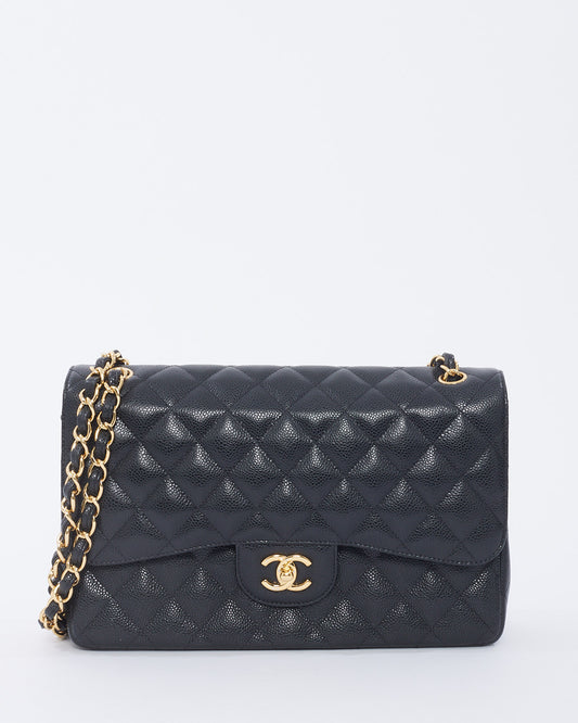 Double rabat classique jumbo en cuir caviar noir Chanel avec GHW