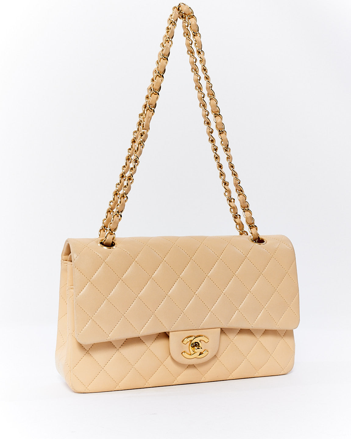 Chanel Beige Lambskin Quilted Medium Double Flap GHW Bag