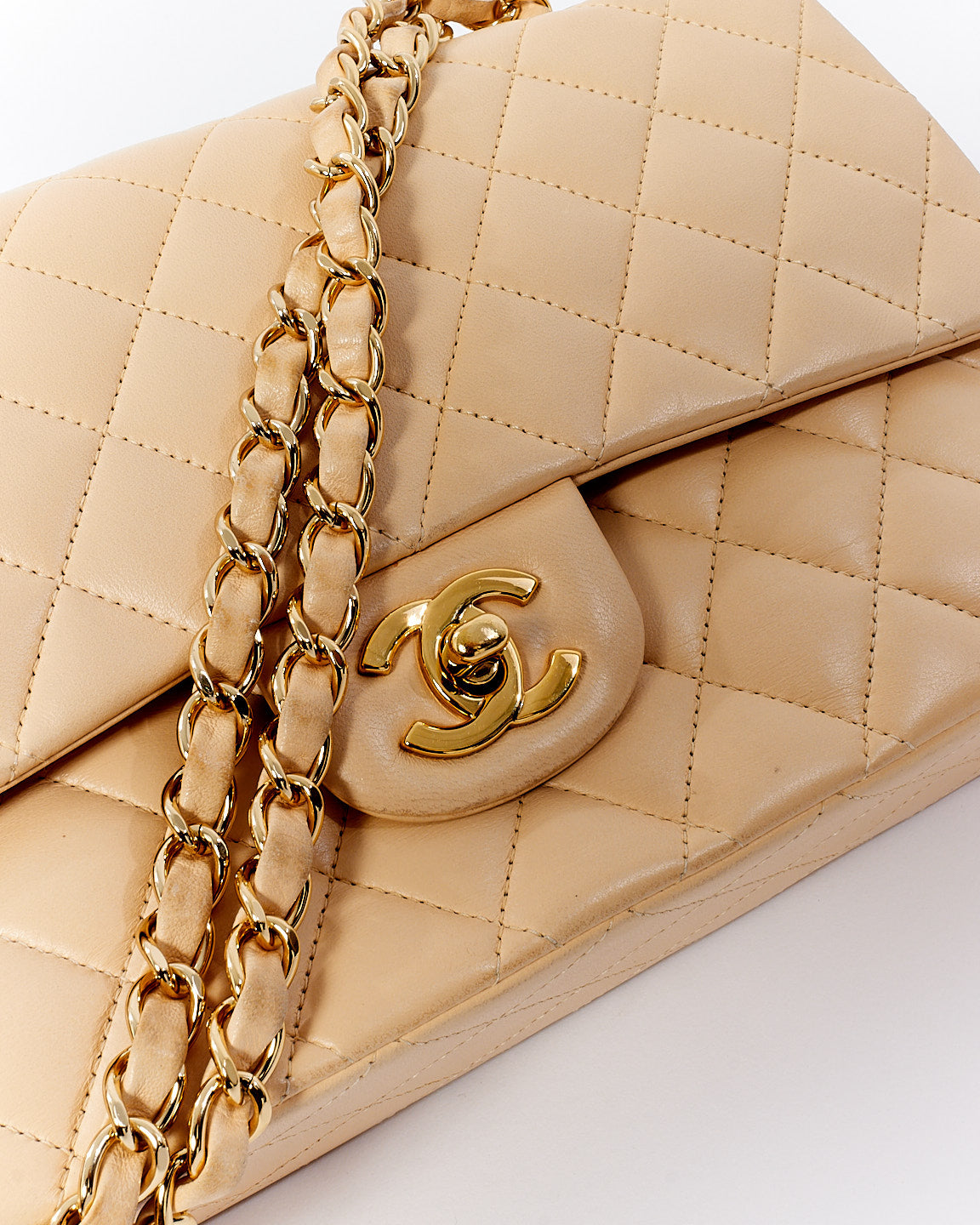 Chanel Beige Lambskin Quilted Medium Double Flap GHW Bag