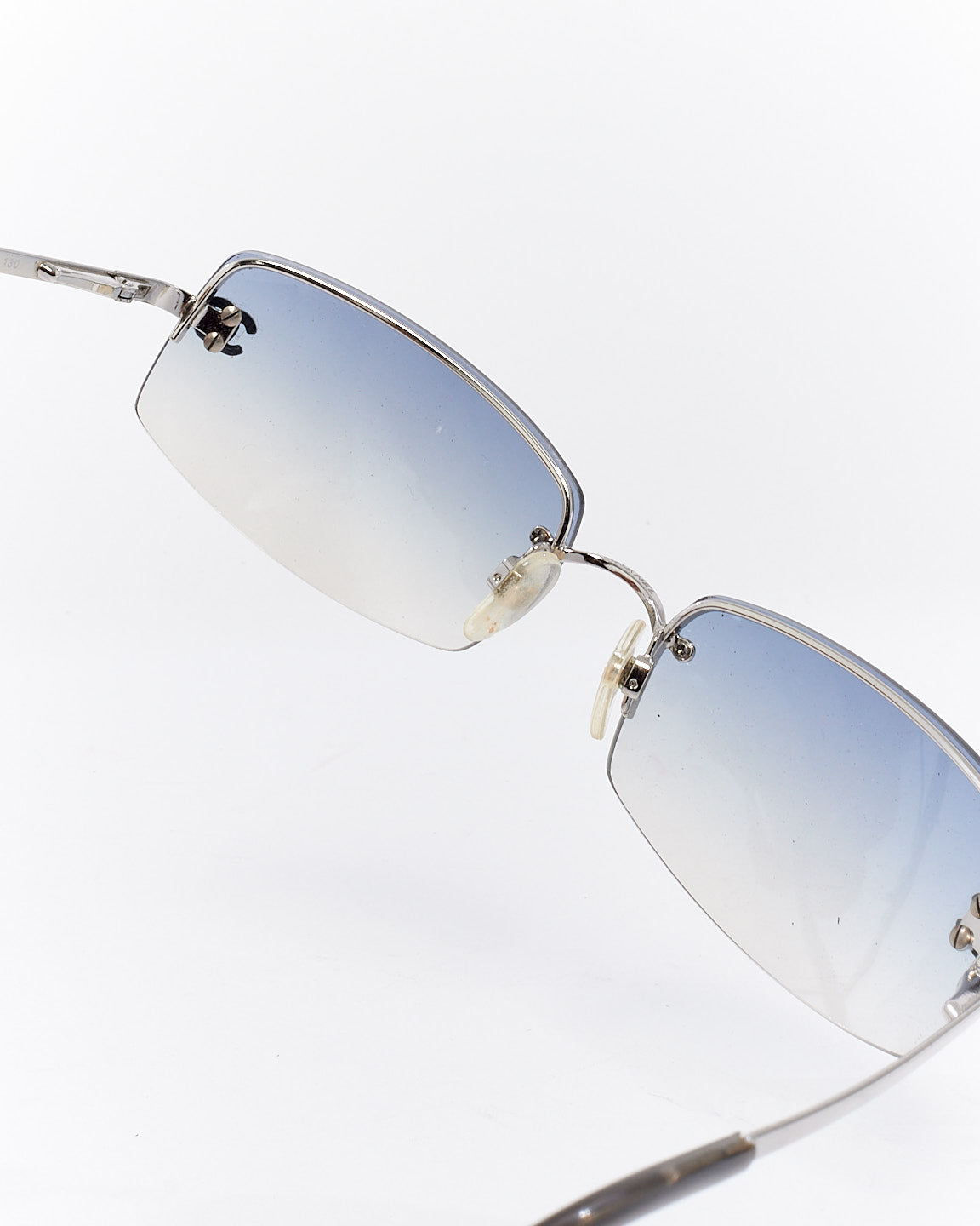 Chanel Vintage Silver Metal Blue Lense Crystal CC Sunglasses