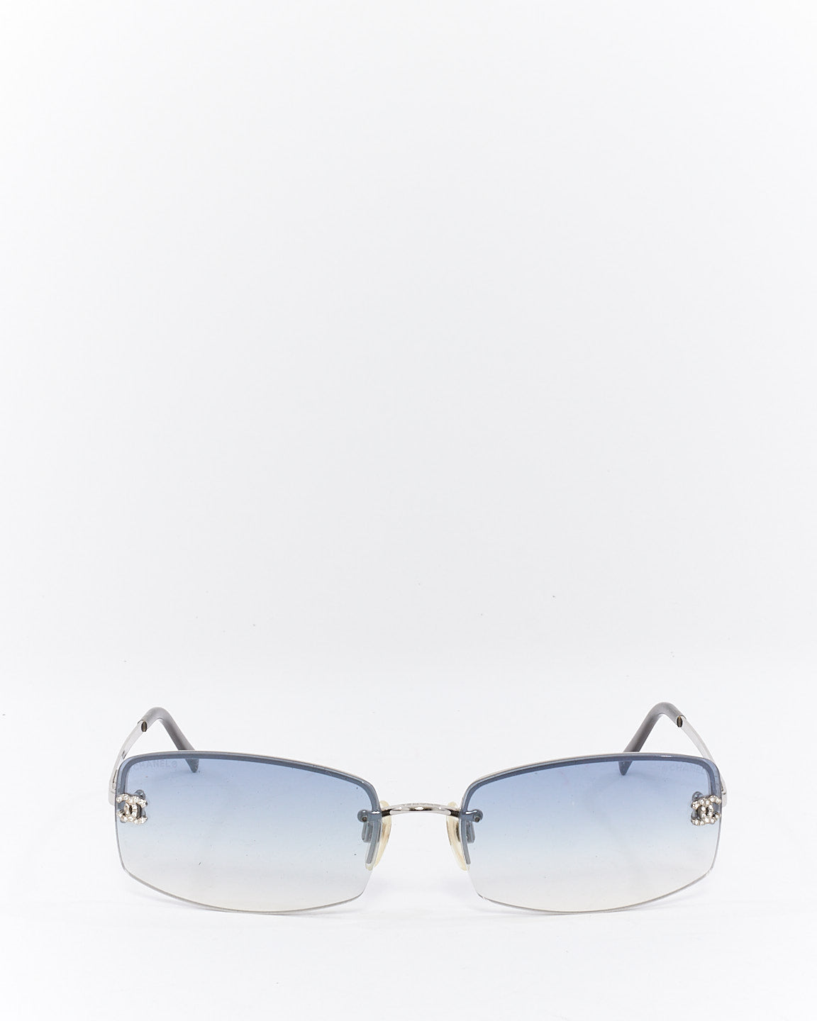 Chanel Vintage Silver Metal Blue Lense Crystal CC Sunglasses