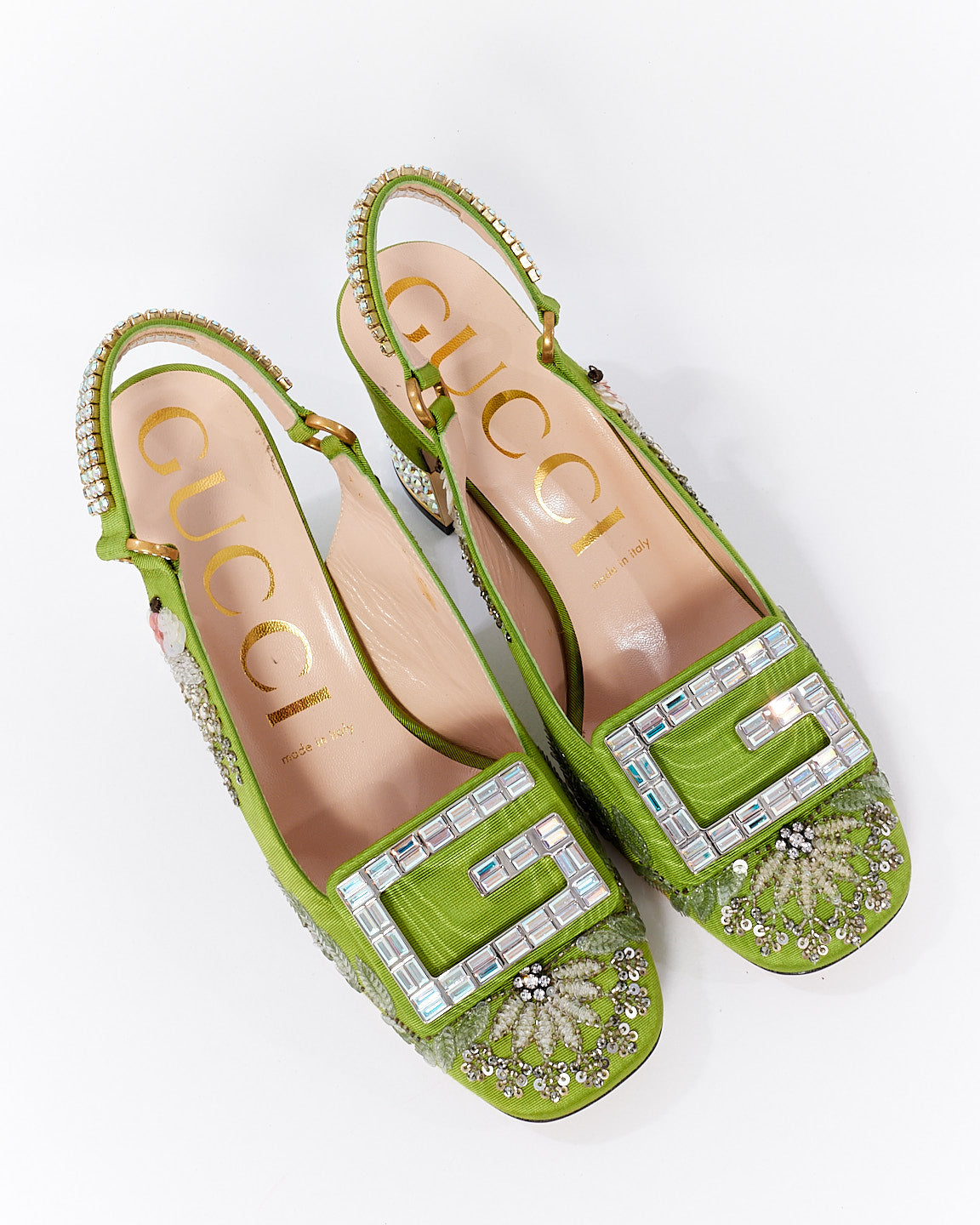 Gucci Green Fabric Crystal Embellished Madelyn Slingback Pumps - 38