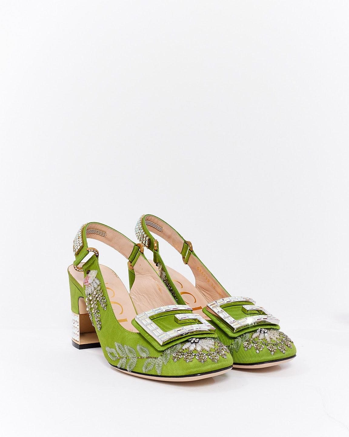 Gucci Green Fabric Crystal Embellished Madelyn Slingback Pumps - 38