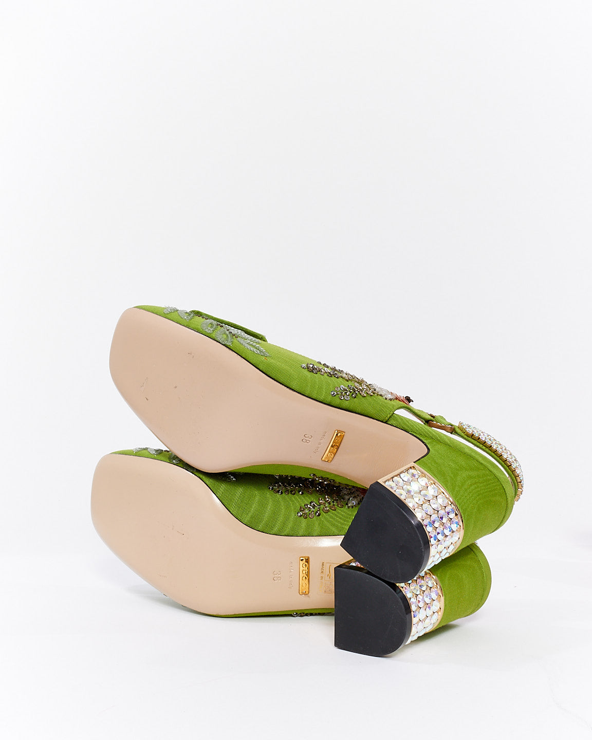 Gucci Green Fabric Crystal Embellished Madelyn Slingback Pumps - 38