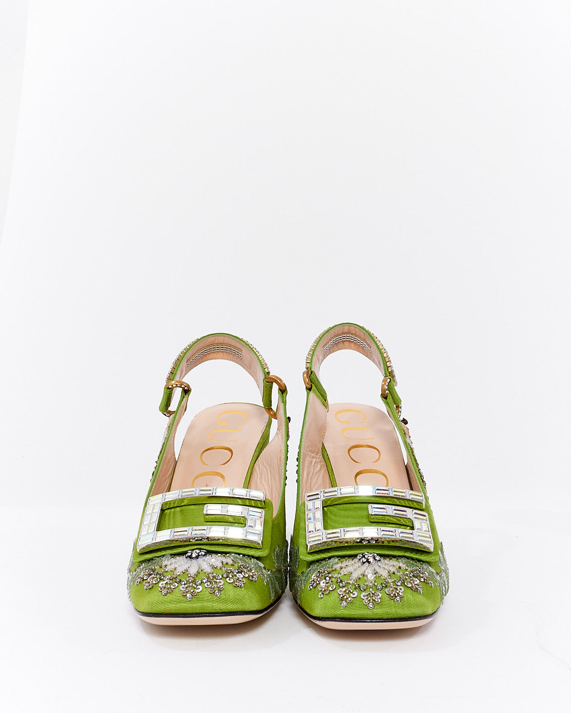 Gucci Green Fabric Crystal Embellished Madelyn Slingback Pumps - 38