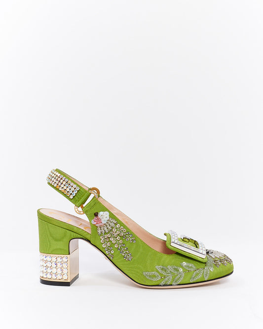 Gucci Green Fabric Crystal Embellished Madelyn Slingback Pumps - 38