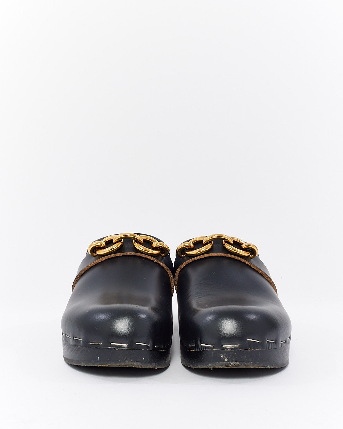 Saint Laurent Black Smooth Leather Le Maillon Chain Clogs - 7.5