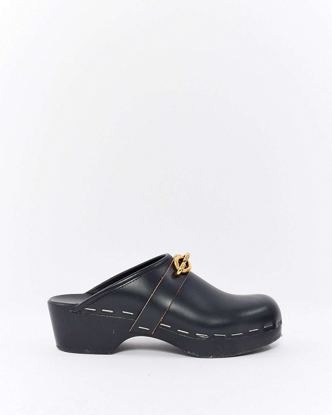 Saint Laurent Black Smooth Leather Le Maillon Chain Clogs - 7.5