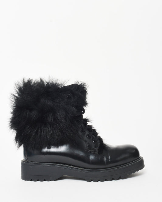 Prada Black Leather & Fur Combat Boots - 36