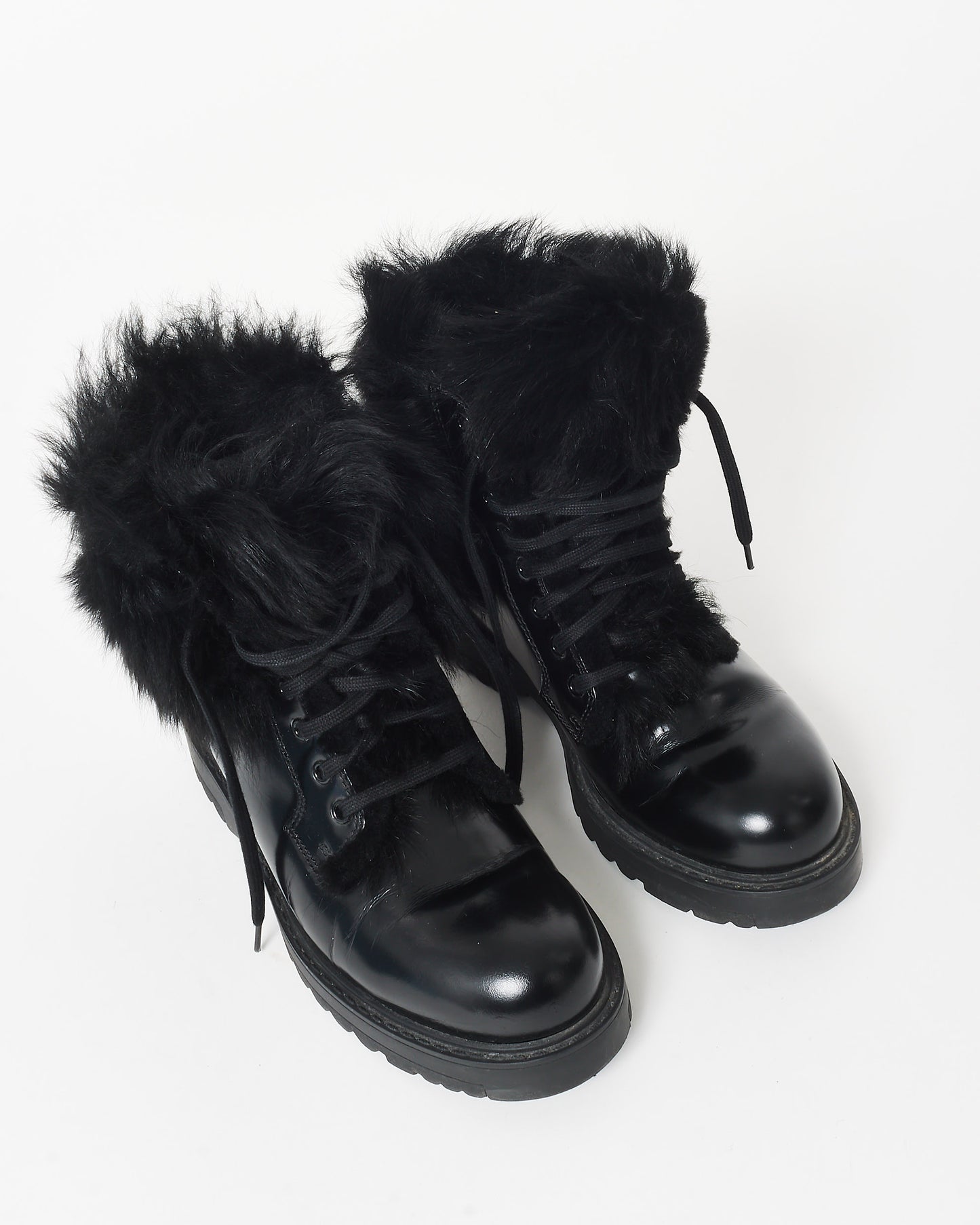 Prada Black Leather & Fur Combat Boots - 36