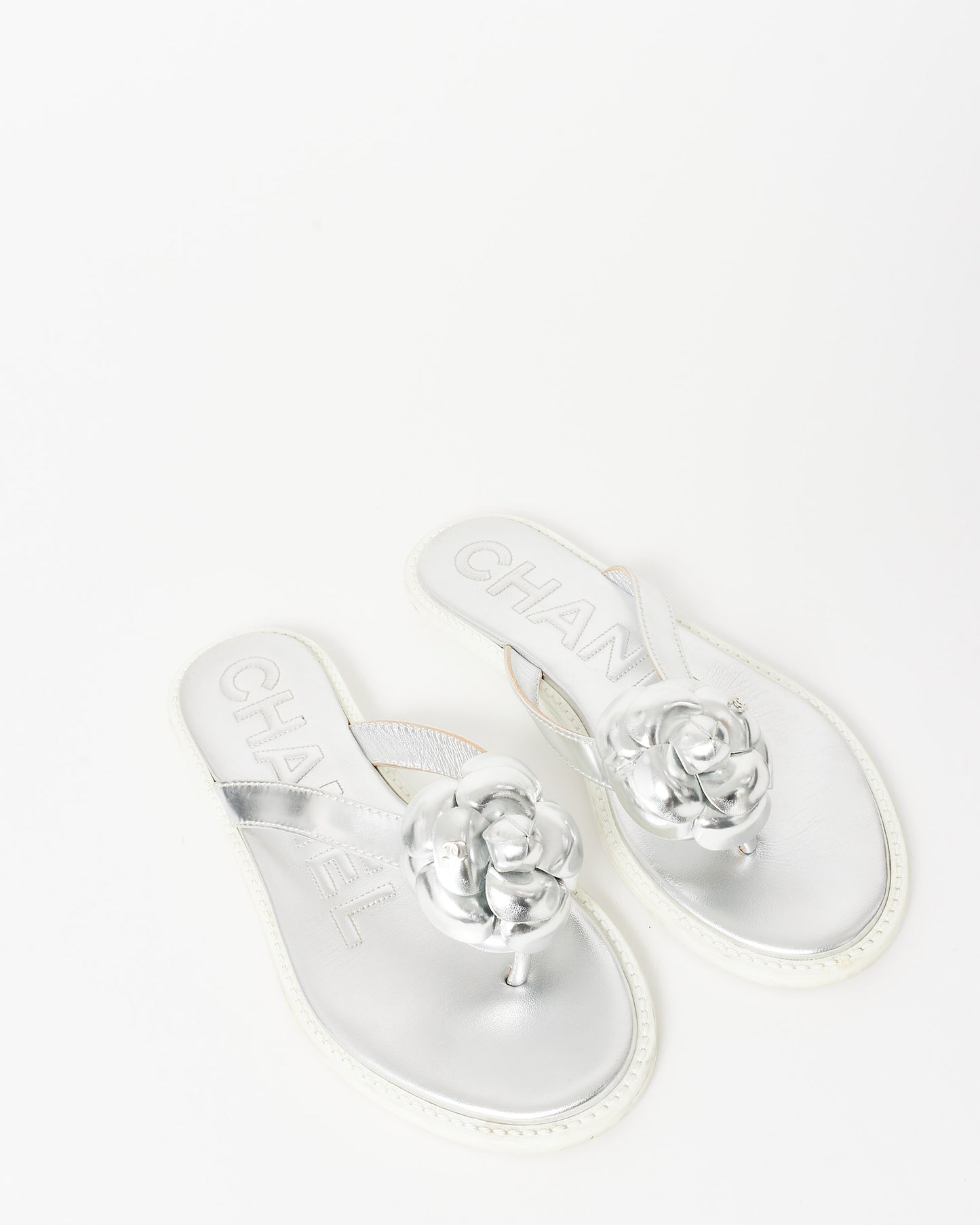 Chanel Silver Leather Camelia Flip Flops - 37