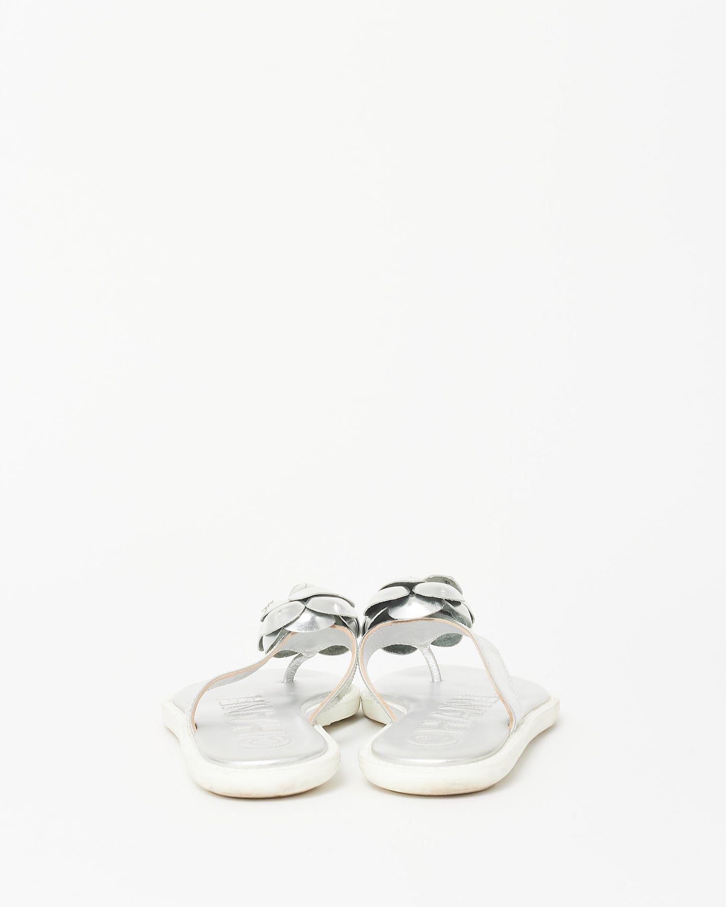 Chanel Silver Leather Camelia Flip Flops - 37