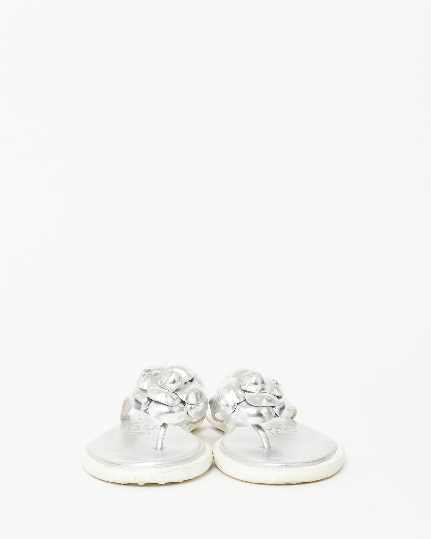 Chanel Silver Leather Camelia Flip Flops - 37