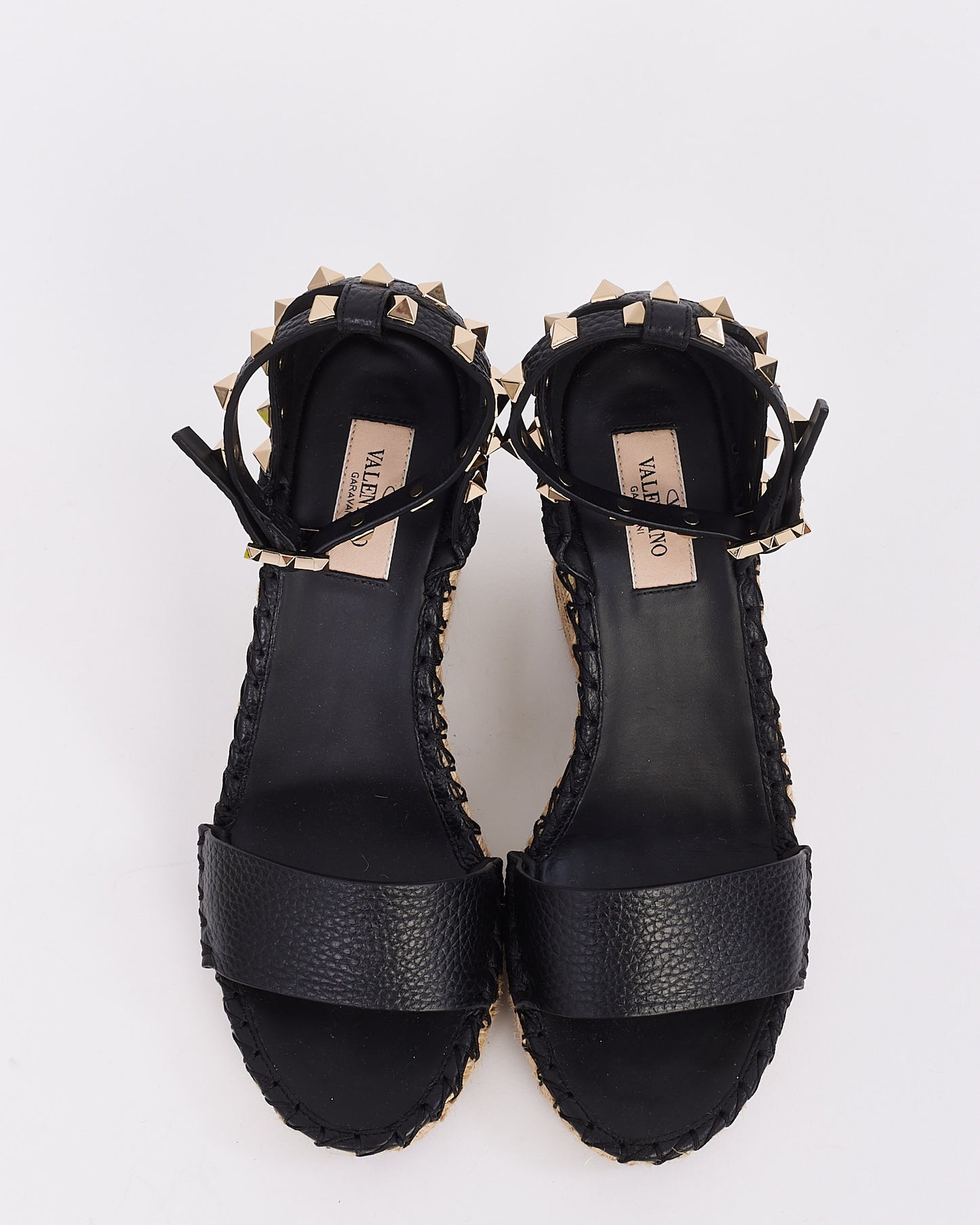 Valentino Black Rockstud Leather Espadrille Wedges - 38