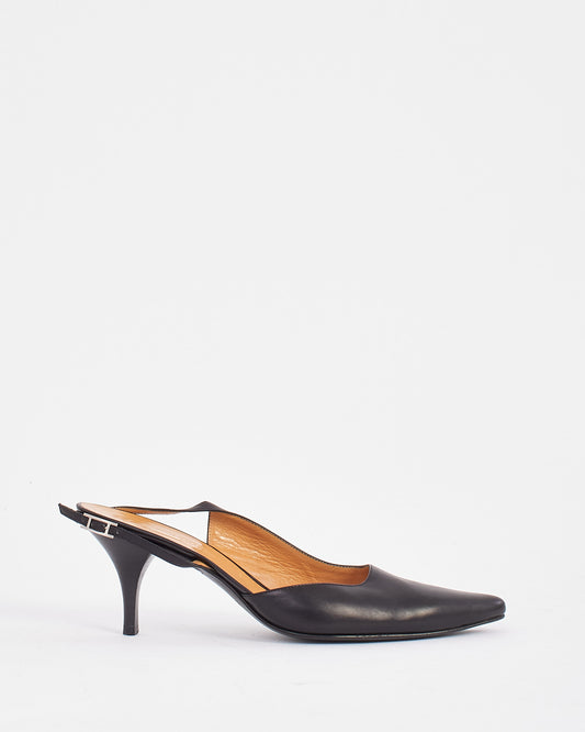 Hermès Black Leather Pointed Toe Sling Back Pumps - 38